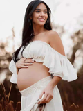 Plataz Solid Color Bohemian Off Shoulder Backless Ruffle 2 piece set Photoshoot Maternity Maxi Dress Maternity