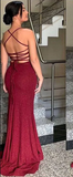 Plataz Sheath Spaghetti Straps Burgundy Slit Long Evening Dress Prom Dresses SD1731 HZ0628