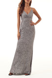 Plataz Formal Solid Sequins V Neck Evening Dress HZ1007
