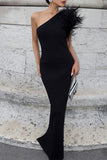 Plataz Formal Solid Feathers Oblique Collar Evening Dress HZ1007