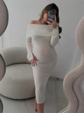 Plataz Off Shoulder Slit Flare Sleeve Bodycon Elegant Photoshoot Baby Shower Maternity Maxi Sweater Dress Maternity