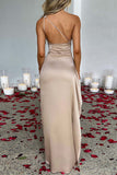 Plataz Formal Solid Backless Slit Oblique Collar Evening Dress HZ1007