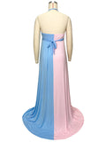 Plataz Pink&Blue Lace Backless Side Slit Gender Reveal Cute Maternity Maxi Dress Maternity