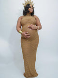 Plataz Gold Rhinestone Mesh Sleeveless Backless Photoshoot Bodycon Evening Plus Size Maternity Maxi Dress Maternity