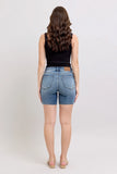 Plataz Blue Button Fly Mid Length Denim Shorts W/ Destroy DJPT