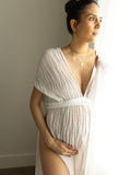 Plataz V-Neck Linen Cotton Bohemian Backless Thigh High Side Slits Tassel Vacation Photoshoot Maternity Maxi Dress Maternity