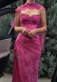 Vintage Fuchsia Sheath Lace Evening Gown High Slit Party Dress Long Formal Dress HZ1024