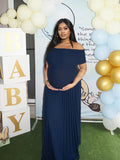 Plataz Solid Color Ruched Pleated Off Shoulder Big Swing Elegant Cocktail Party Maternity Photoshoot Baby Shower Maxi Dress Maternity