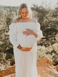 Plataz White Ruffle Ruched High Waist Puff Sleeve Cute Photoshoot Maternity Maxi Dress Maternity