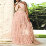 Plataz Size Wedding Women Dress Evening Dress Pink Halter Dress Large Swing Tulle HZ1007