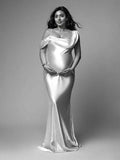 Plataz White One Off Shoulder Silk Satin Backless Mermaid Photoshoot Evening Gown Baby Shower Maternity Maxi Dress Maternity