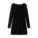 Plataz Bead Drill Velveteen Dress For Women Long Sleeve Slim Black Formal Dress Female Party Elegant Retro Evening Dresses HZ1007
