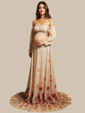 Plataz Two Piece Boho Flower Printing Off Shoulder Chiffon Crop Bandeau Photoshoot Maternity Maxi Dress Maternity