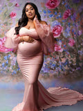Plataz Bandeau Cascading Ruffle Tulle Ruffle Sleeve Mermaid Bodycon Photoshoot Maternity Maxi Dress Maternity