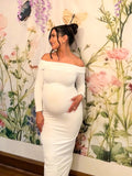 Plataz Elegant White Off Shoulder Bodycon Mermaid Falbala Floor Mopping Babyshower Maternity Photoshoot Maxi Dress Maternity