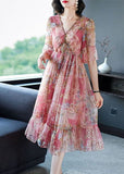 Plataz Pink V Neck Print Chiffon Long Dresses HZ1007