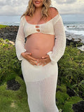 Plataz White 2 Piece Crochet Mesh Backless Flare Sleeve Bodycon Vacation Beach Photoshoot Baby Shower Maternity Maxi Dress Maternity