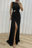 Plataz Formal Solid Slit Fold O Neck Evening Dress HZ1007