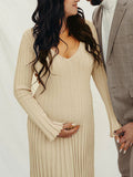 Plataz Knit Pleated Big Swing V-neck Plus Size Sweater Elegant Going Out Maternity Photoshoot Baby Shower Maxi Dress Maternity