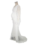 Plataz White Lace Trumpet V-Neck Flare Sleeve Bodycon Prom Wedding Gown Photoshoot Maternity Maxi Dress Maternity