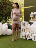 Plataz Solid Color Pear Rhinestone Sheer Long Sleeve Fashion Photoshoot Maternity Baby Shower Mini Dress Maternity
