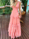Plataz v-neck pink ruffles prom dresses chiffon pleated evening dress HZ1007