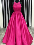 Plataz Long A-line Halter Neck Satin Lace Formal Prom HZ1007
