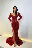 Vintage Glittering Beaded Prom Dress Sweetheart Long-sleeved Evening Gown Sheath High Slit Party Dress Long Formal Dress HZ1024