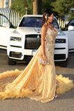 Gorgeous Golden Strapless Prom Dress Beaded Evening Gown High Slit Party Dress Trailing Long Formal Dress HZ1024