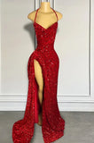 Vintage Red Sheath Prom Dress Sparkling Beaded Sequin Evening Gown High Slit Party Dress Long Formal Dress HZ1024