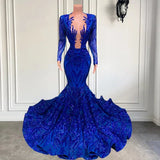 Vintage Royal Blue Mermaid Prom Dress Sequined Evening Gown Party Dress Long Formal Dress HZ1024