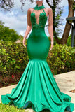 Vintage Green Mermaid Prom Dress Satin Evening Gown Halter-neck Party Dress Long Formal Dress HZ1024