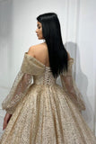Plataz Gold A-line Off-the-shoulder Sequined Prom Dress with Long HZ1007