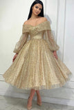 Plataz Gold A-line Off-the-shoulder Sequined Prom Dress with Long HZ1007