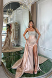 Vintage Pink Sheath Satin Prom Dress Sparkling Beaded Evening Gown Strapless High Slit Party Dress Long Formal Dress HZ1024