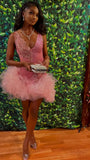 Plataz V Neck Pink Short Homecoming Dress and Bottom Tulle Ruffles Pink Birthday Outfit Dress HZ1007