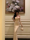 Plataz Mermaid Off The Shoulder Long Sleeves White Long Prom Dresses Birthday Dress SD291 HZ0628