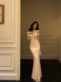 Plataz Mermaid Off The Shoulder Long Sleeves White Long Prom Dresses Birthday Dress SD291 HZ0628