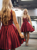 Plataz A Line V Neck Satin Lace Prom Dresses Burgundy Homecoming HZ1007