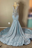 Vintage Sky Blue Mermaid Prom Dress Sparkling Beaded Evening Gown Backless Party Dress Long Formal Dress HZ1024