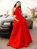 Plataz A-line Halter Red Long Prom Formal Dresses with HZ1007